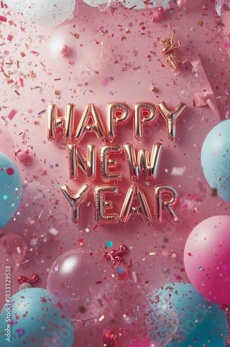 Festive New Year Celebration With Balloons and Confetti in Vibrant Colors