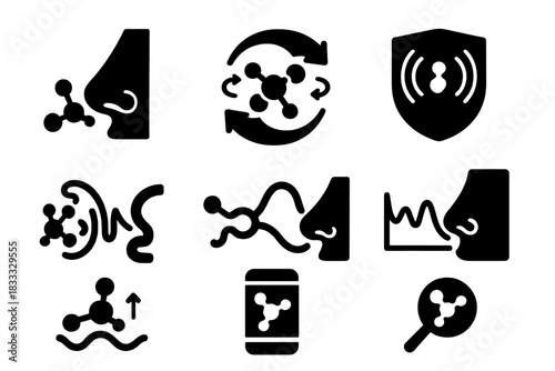 Quantum Smell Iconography. Solid style icons of quantum tunneling in olfaction: molecule entering nasal passage icon, scent tunnel
