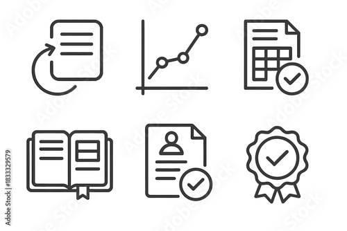Research Integrity Icons. Line style icons of Research Integrity Tools: audit trail icon, data reproducibility graph, statistical