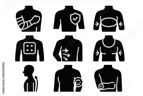 Upper Body Icons. Solid style icons of upper body air contouring: arm sculpt wrap, shoulder pressure badge, chest toning ring.