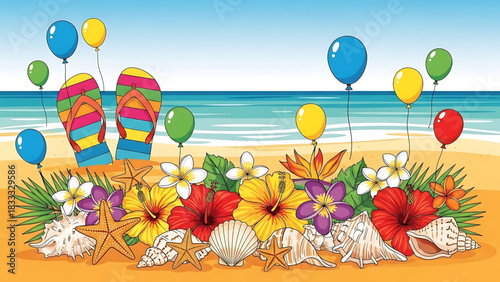 Colorful summer beach cartoon scene with flowers, shells, balloons, and flip-flops