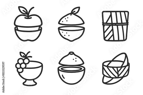 Fruit Packaging Icons. Line style icons of edible fruit packaging: apple skin casing, citrus peel shell, banana leaf wrap, grape