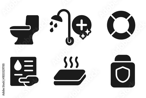 Space Bathroom Features. Solid style icons of space bathroom features: vacuum toilet glyph, suction shower icon, hygiene badge.