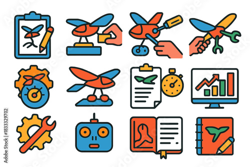 Ornithopter Design Icons. Flat vector icons of ornithopter design workflow: sketching, prototyping, assembly, wing attachment,
