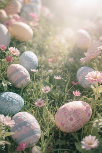 Colorful Easter Eggs Scattered in a Blooming Garden During Springtime