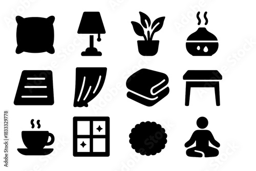 Therapeutic Icons Collection. Solid style icons of Therapeutic environment: soft pillow, ambient lamp, indoor plant, essential oil