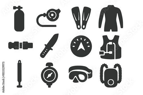 Scientific Diving Icons. Solid style icons of Scientific diving: scuba tank, regulator, fins, wetsuit, weight belt, dive knife,