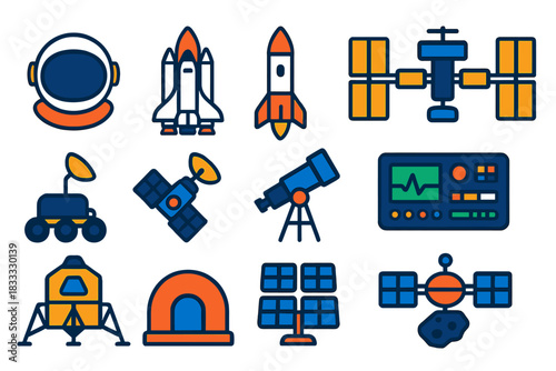 Space Exploration Icons. Flat vector icons of space exploration: astronaut helmet, space shuttle, rocket, space station, rover,