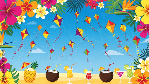 Vibrant tropical scene with kites, flowers, and beach cocktails