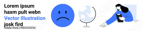 Emotional awareness, global issues, learning, remote working, education, design . Sad face emoticon, globe woman analyzing a document. Emotional awareness and global issues visually