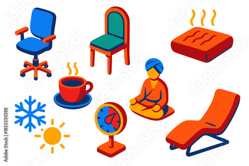 Ergonomic Seating Evolution. Isometric vector illustration set Comfort: ergonomic seating designs, historical furniture evolution,