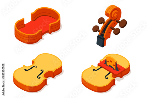 Violin Assembly Process. Isometric vector illustration set Violin Assembly Stages: Mold with sides attached, scroll ready for neck