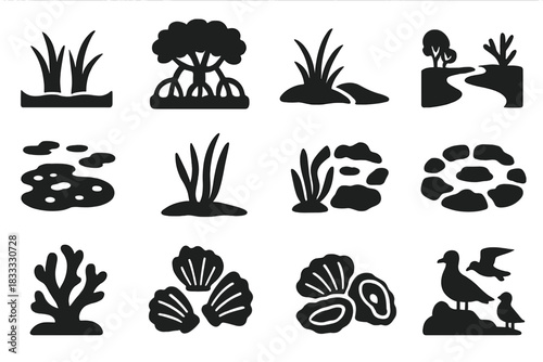 Coastal Habitat Icons. Solid style icons of Coastal Habitats: Salt Marsh, Mangrove, Dune Grass, Estuary, Mudflat, Tidal Pool,