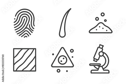 Trace Analysis Icons. Line style icons of Trace Analysis: fingerprint residue, hair strand, soil particle, fiber sample,