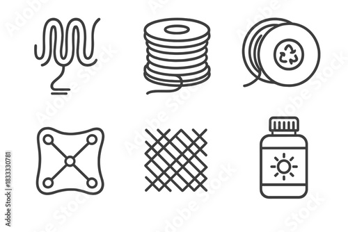 3D-Printed Material Icons. Line style icons of materials used in 3D-printed clothing: flexible TPU filament, biodegradable PLA