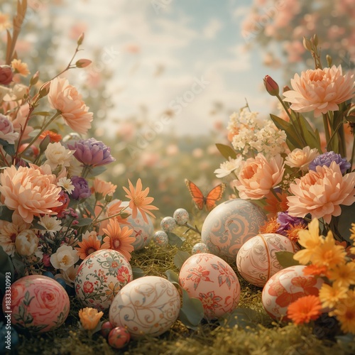 Colorful Spring Garden Scene With Decorated Eggs Among Blooming Flowers and B...