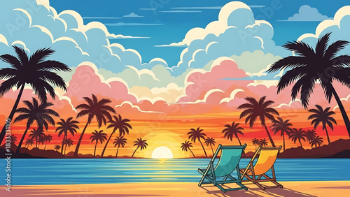 Tropical beach sunset scenery with palm trees and beach chairs.