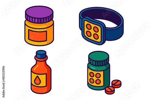 Dubious Wellness Icons. Isometric vector illustration set Dubious Wellness Tools: Radium salve jar, magnetic health belt, blood