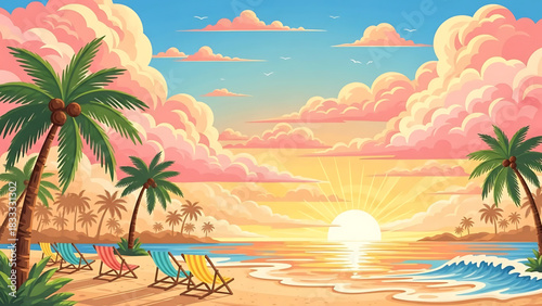 Colorful beach scene with palm trees and sunset at paradise