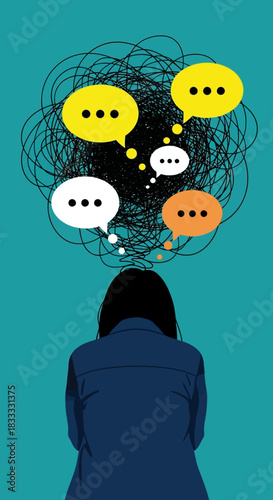Rear view of woman with speech bubbles and tangled lines above head on a teal colored background