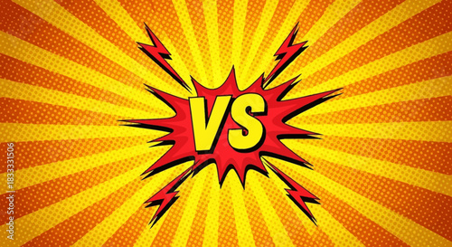Versus text in red starburst with lightning bolts on yellow and orange comic book style background