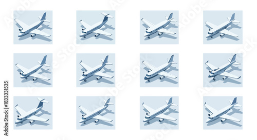 Isometric view of multiple white airplanes arranged in a grid pattern on a white background design element