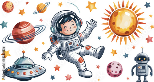 Cute cartoon astronaut boy floating, space planets, bright sun, alien ufo, robot character, vector illustration.