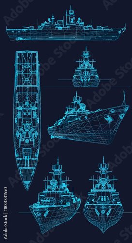 Blueprint of a naval warship showcasing multiple views in a technical drawing style against dark background