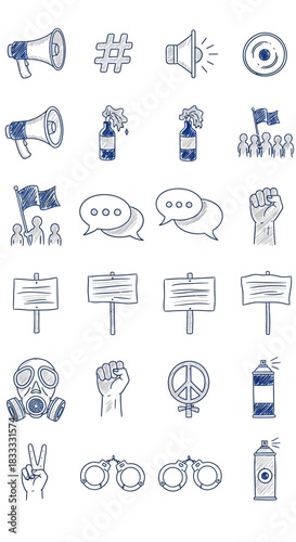 Collection of protest related icons including megaphone signs and molotov cocktails in blue sketch