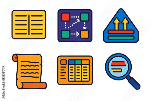 Linguistic Analysis Icons. Isometric vector illustration set Comparative Method: side-by-side word chart, aligned sound
