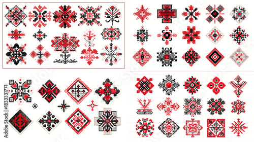 Set of red and black folk ornaments featuring floral and geometric symbols inspired by traditional crafts, embroidery, and cultural textile patterns with bold artistic details.