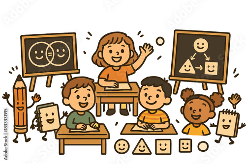 Playful Classroom Doodles. Friendly doodle logical reasoning classroom with happy students, smiling diagrams on blackboards,