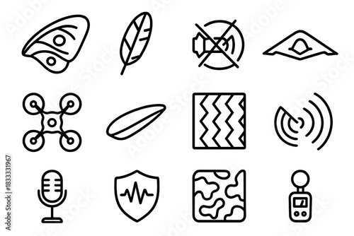 Silent Flight Icons. Line style icons of Quiet Flight Mechanics: Moth Wing, Silent Owl Feather, Noise Reduction, Stealth