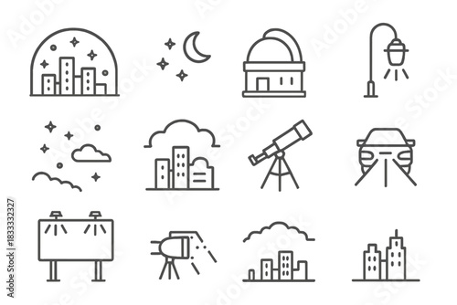 Night Sky Icons. Line style icons of light pollution: city glow, few stars, observatory dome, sodium vapor; night sky, lamp post,