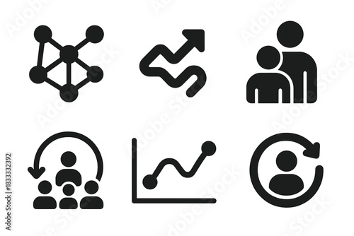 Non-Linear Learning Icons. Solid style icons of learning outside hierarchy: network mesh icon, non-linear learning glyph, fluid