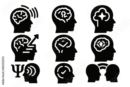 Latent Ability Icons. Solid style icons of latent ability enhancers: subconscious stimulators, psi-potential unlockers, dreamgate