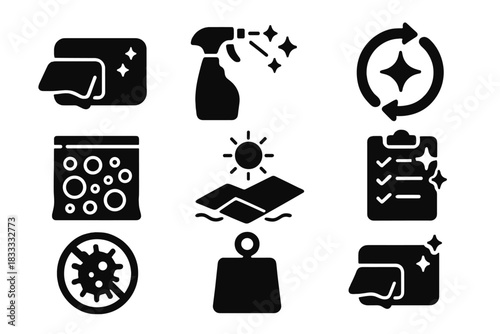 Hygiene Essentials Icons. Solid style icons of wrap maintenance and hygiene: air pad clean icon, disinfect spray glyph, hygiene