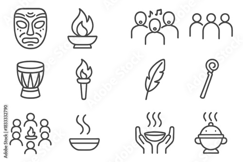Cultural Ritual Iconography. Line style icons of Cultural Rituals: Mask, Sacred Flame, Chanting, Community Event; Drum, Torch,