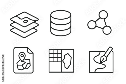 GIS Line Icons. Line style icons of Geographic Information Systems (GIS): layered map, database icon, spatial analysis node,