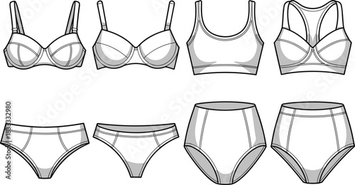 Black and white fashion illustrations of various bras and underwear styles lingerie briefs
