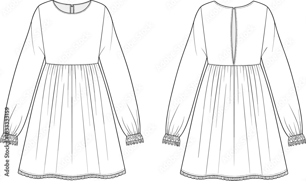 Φωτογραφία Front and back fashion flat sketch of a long sleeve girls dress with lace trim d