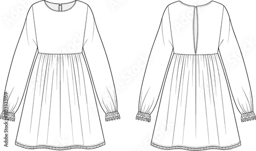 Front and back fashion flat sketch of a long sleeve girls dress with lace trim drawing illustration