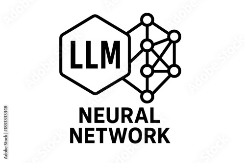 Large Language Model LLM symbol in hexagon connected to complex artificial neural network structure
