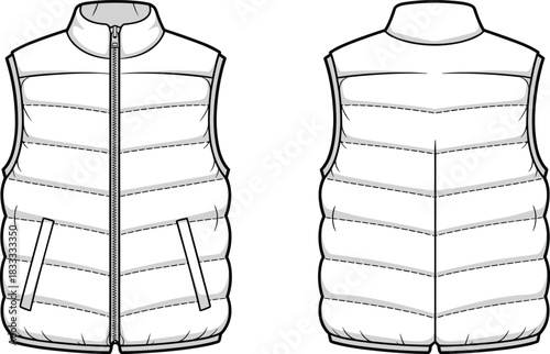 Front and back fashion flat sketch of a sleeveless puffer vest with zipper and pockets drawing illustration