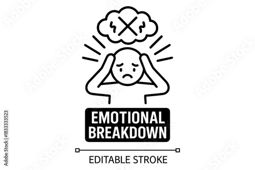 Minimalist black and white depiction of a person suffering from severe stress, anxiety, or emotional breakdown