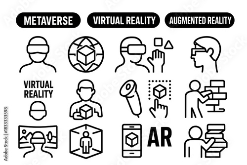 Digital technology icons for virtual reality, augmented reality, and metaverse