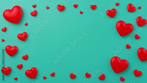 Red Hearts Create a Cheerful Border on a Bright Turquoise Background for Deco...