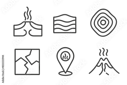 Geothermal Line Icons. Line style icons of Geothermal Hotspots: rising magma plume, earth crust layers, thermal map, tectonic