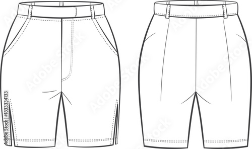 Front and back view of white tailored shorts with belt loops and pockets bermuda shorts fashion