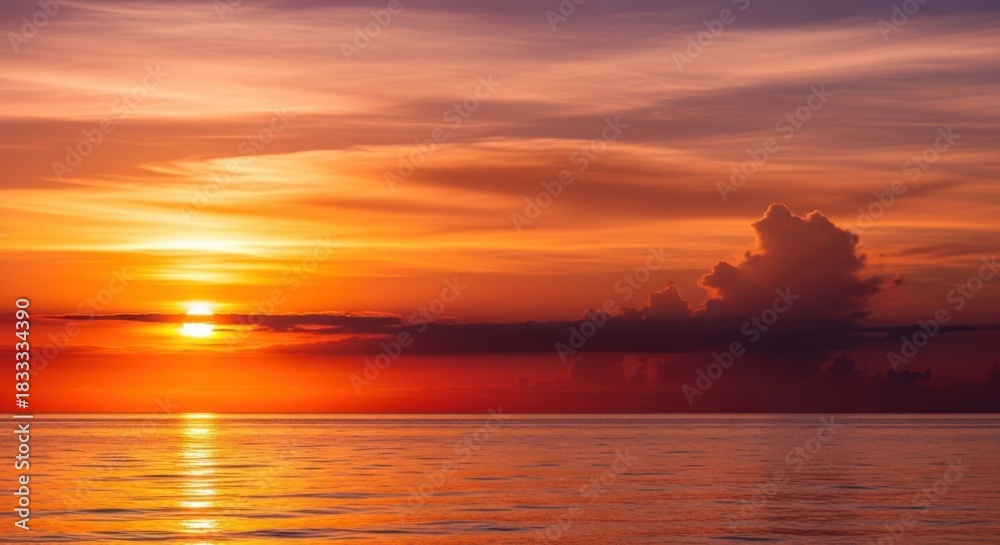 Fototapeta premium Vibrant orange sunset over calm ocean water with dark clouds.